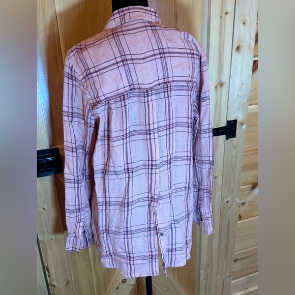 Free People No Limits Oversized Linen Plaid Button Down Shirt Salmon Peach XS - Picture 4 of 11